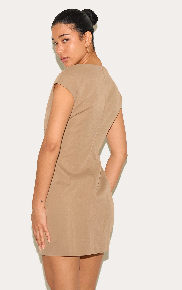 Mushroom Woven Cap Sleeve Cinched Waist Mini Dress