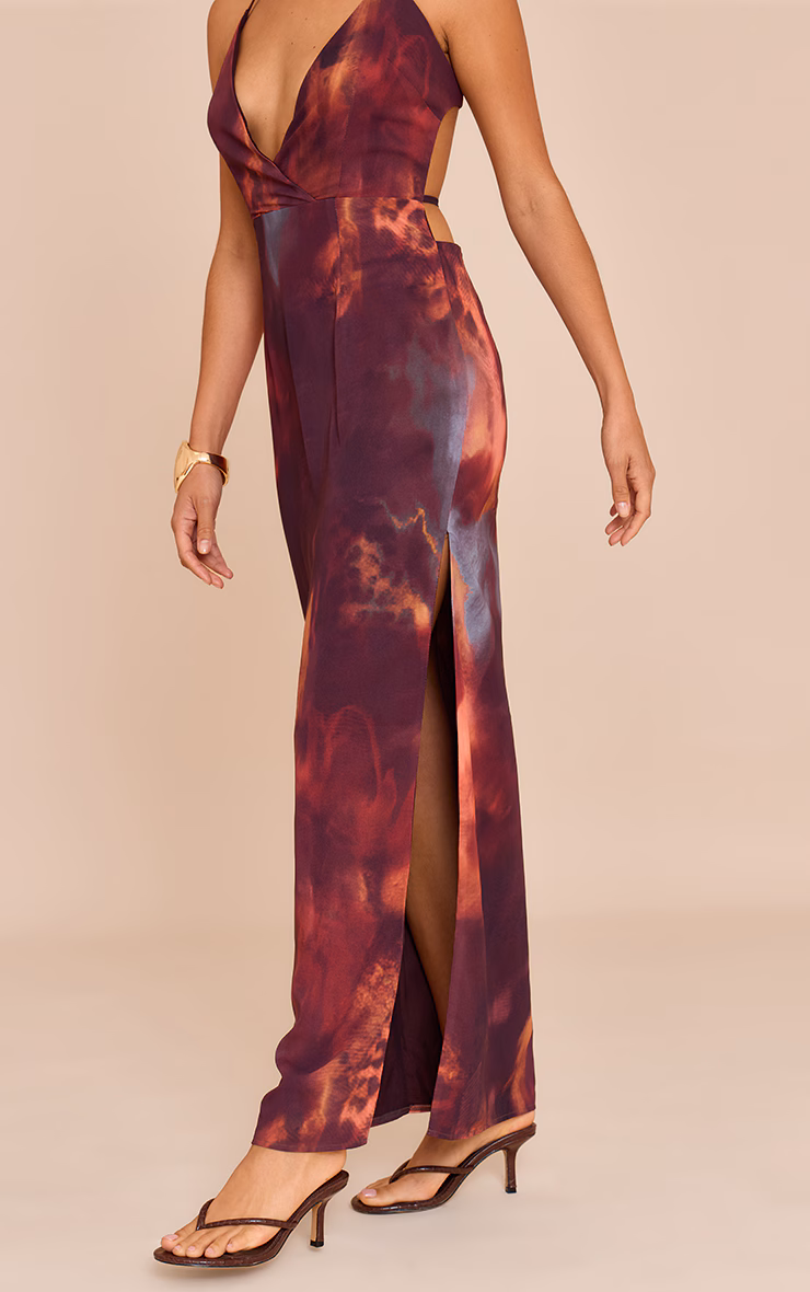 Petite Rust Printed Halterneck Open Back Maxi Dress