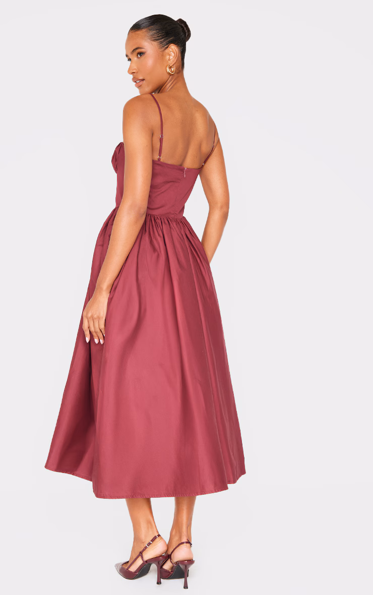 Burgundy Ruched Bust Corset Strappy Midaxi Dress