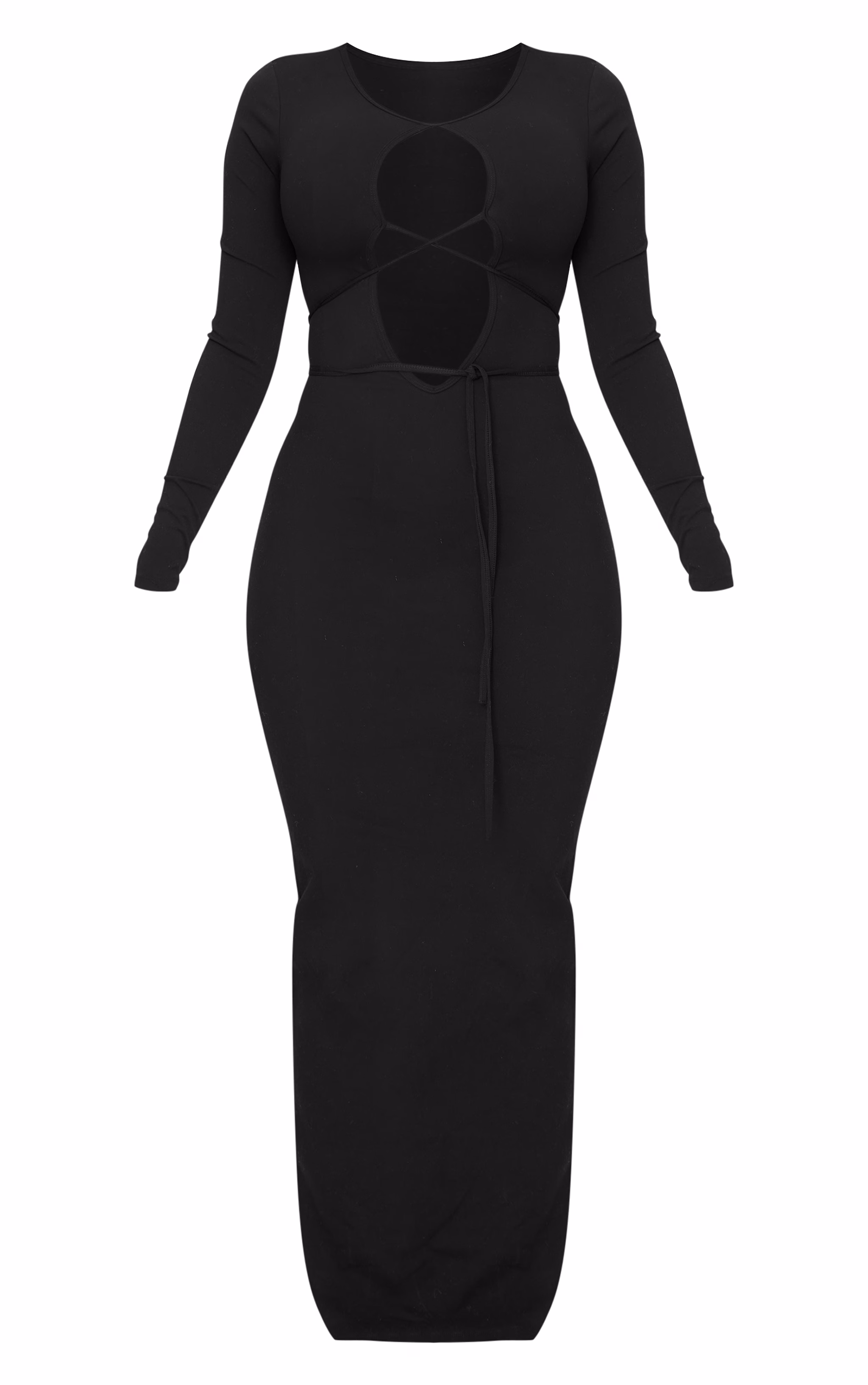 Shape Black Sculpt Plunge Front Strappy Waist Long Sleeve Maxi Dress