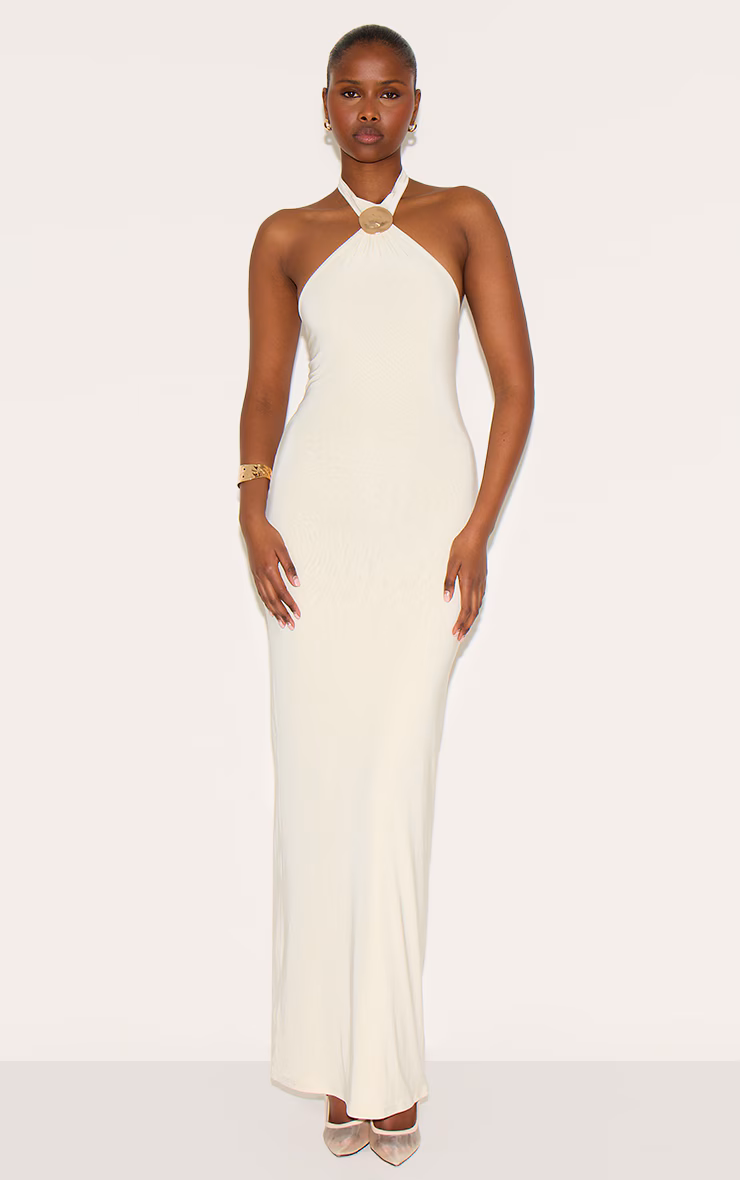 Almond Double Layered Slinky Halter Neck Trim Detail Maxi Dress
