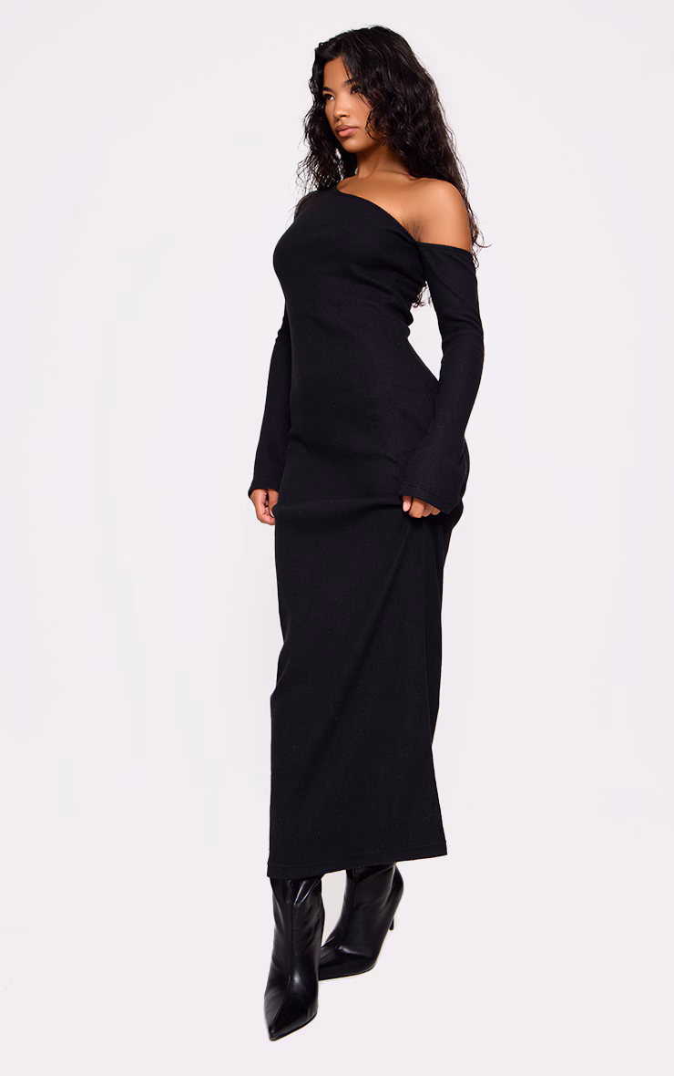 Black Heavy Brushed Asymmetric Ruched Maxi Dress