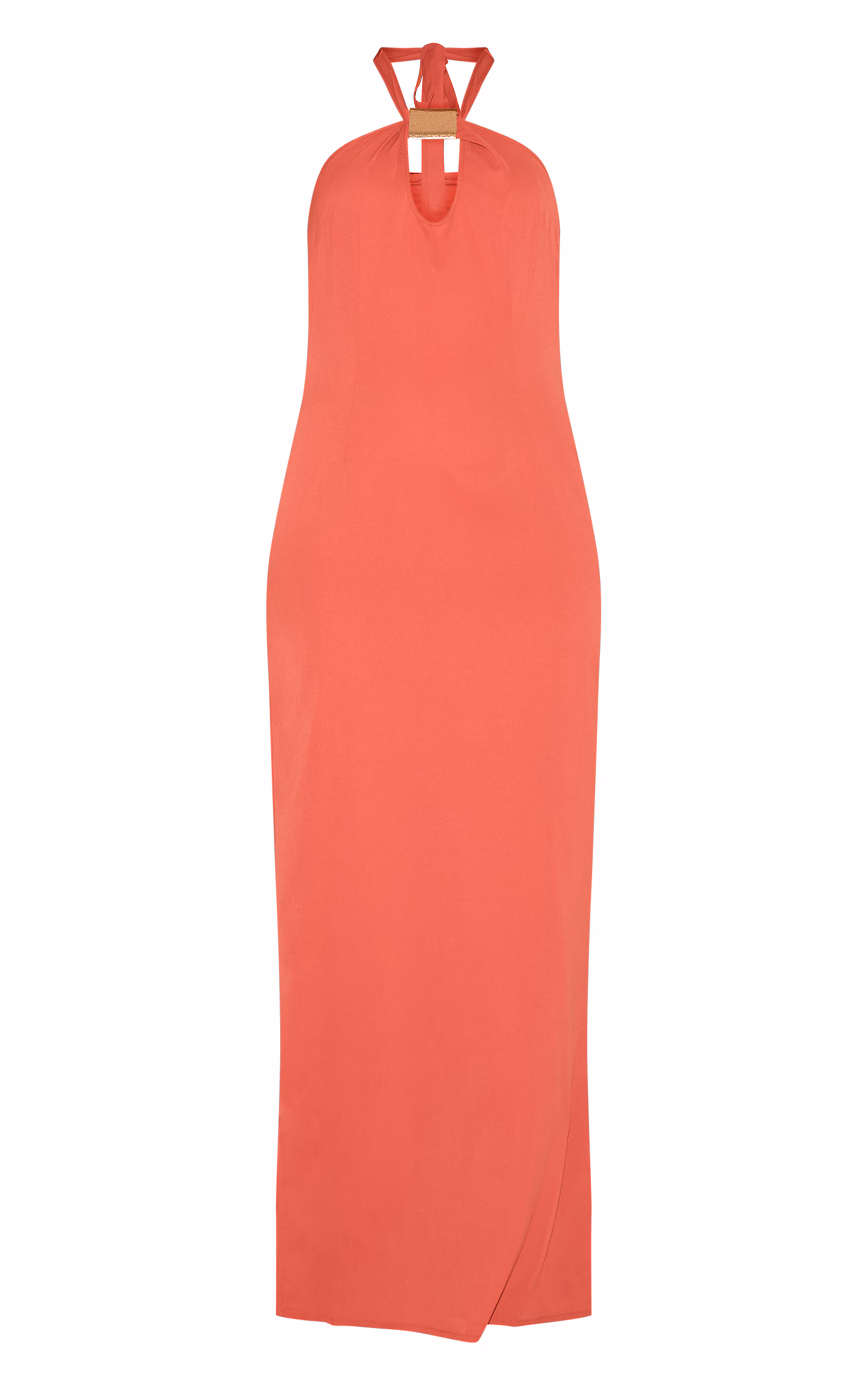 Rust Woven Halter Neck Trim Detail Maxi Dress