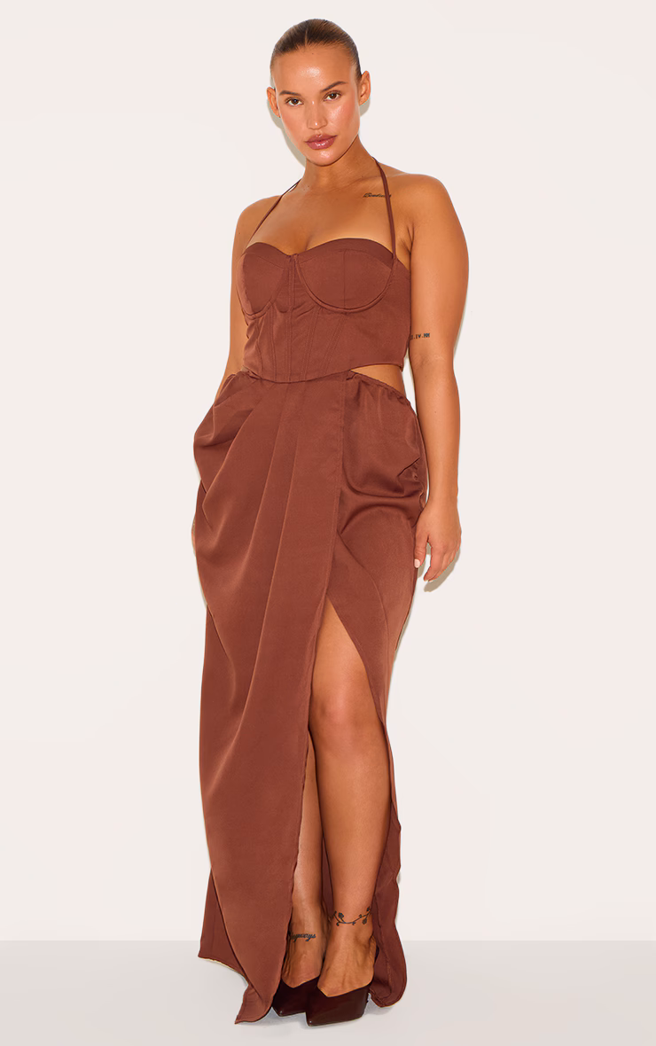 Plus Chocolate Corset Ruched Maxi Dress