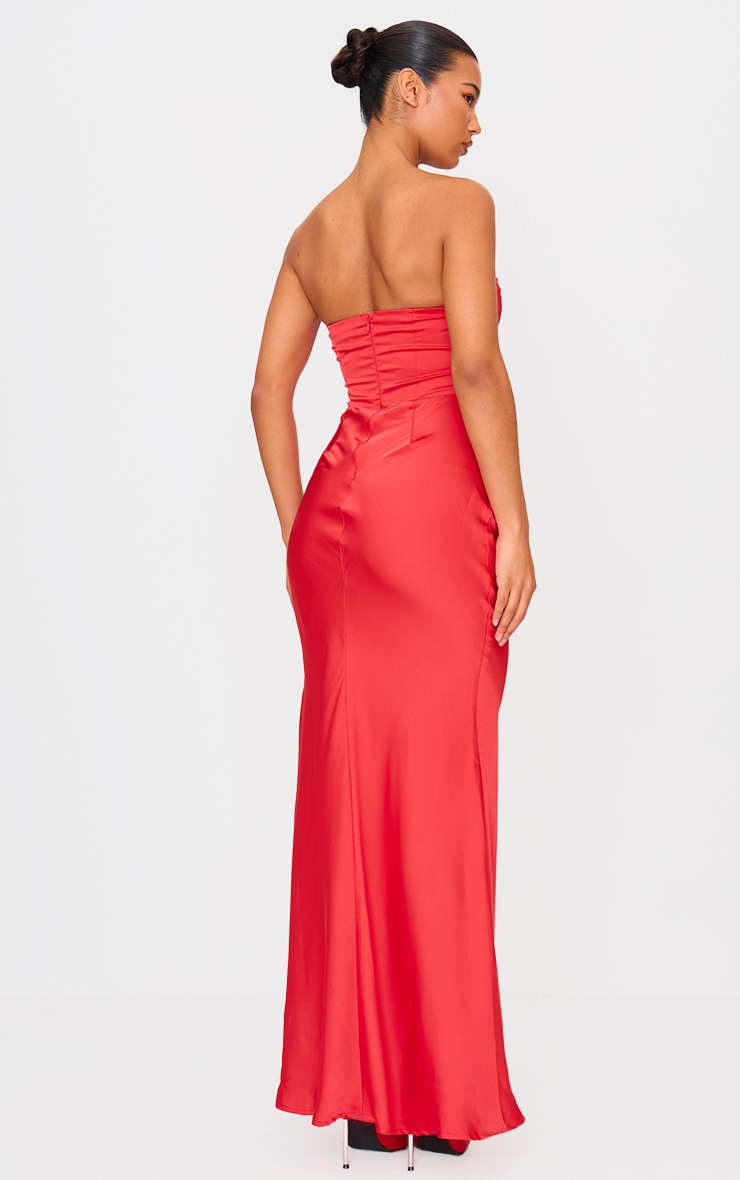 Red Satin Corset Detail Draped Maxi Dress