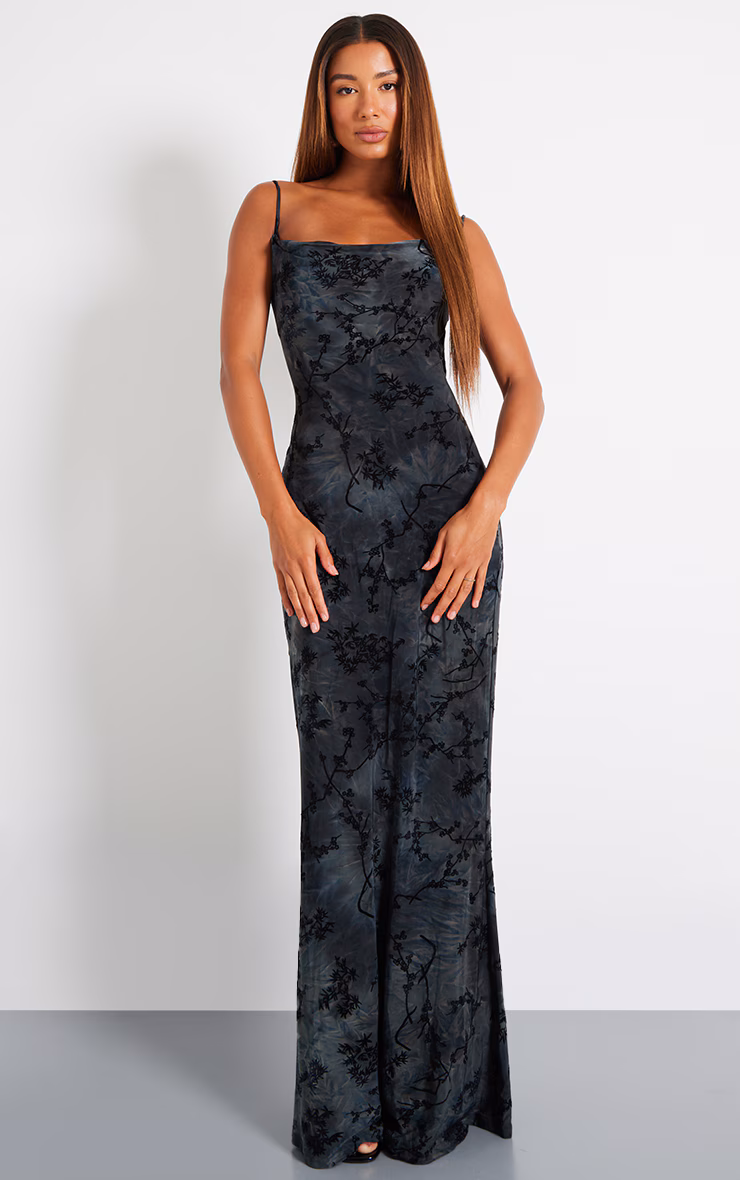 Grey Devore Cowl Neck Lace Up Back Maxi Dress