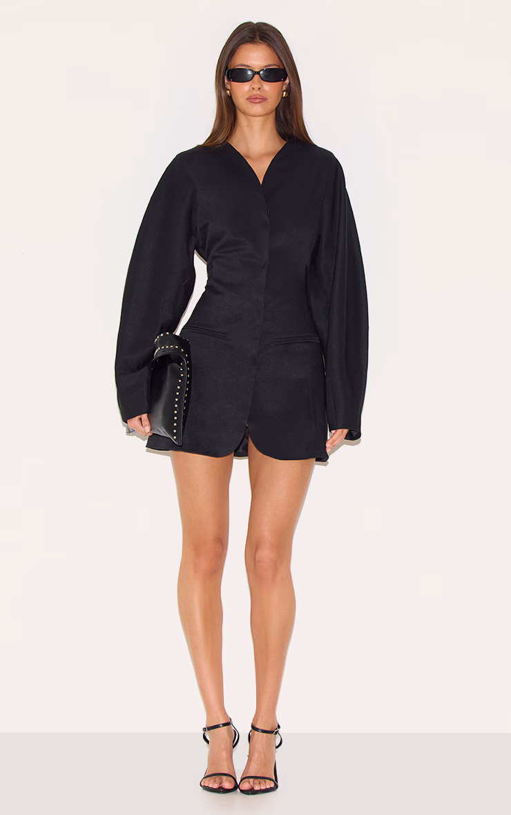 Black Woven Balloon Sleeve Collarless Blazer Dress