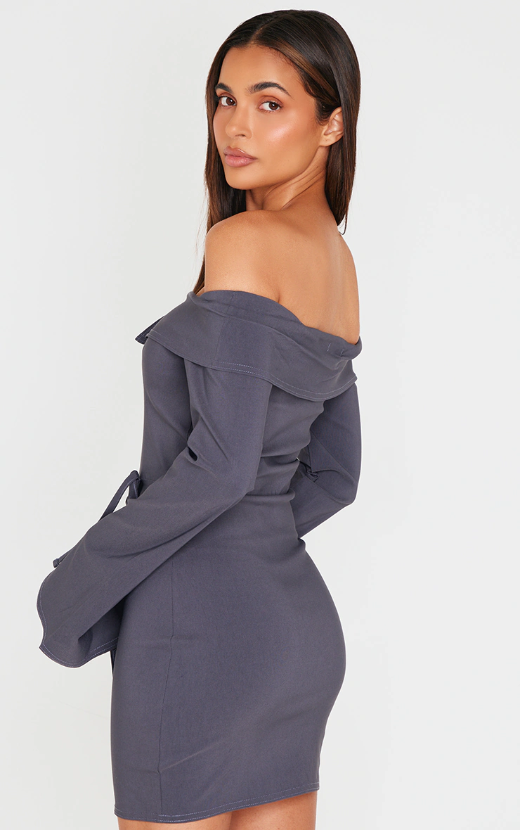 Charcoal Stretch Woven Fold Bardot Wrap Dress