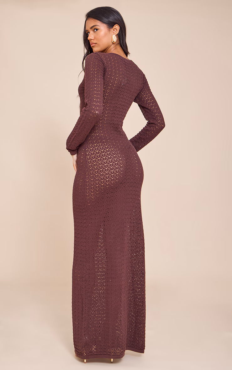 Chocolate Maxi Crochet Trim Long Sleeve Dress