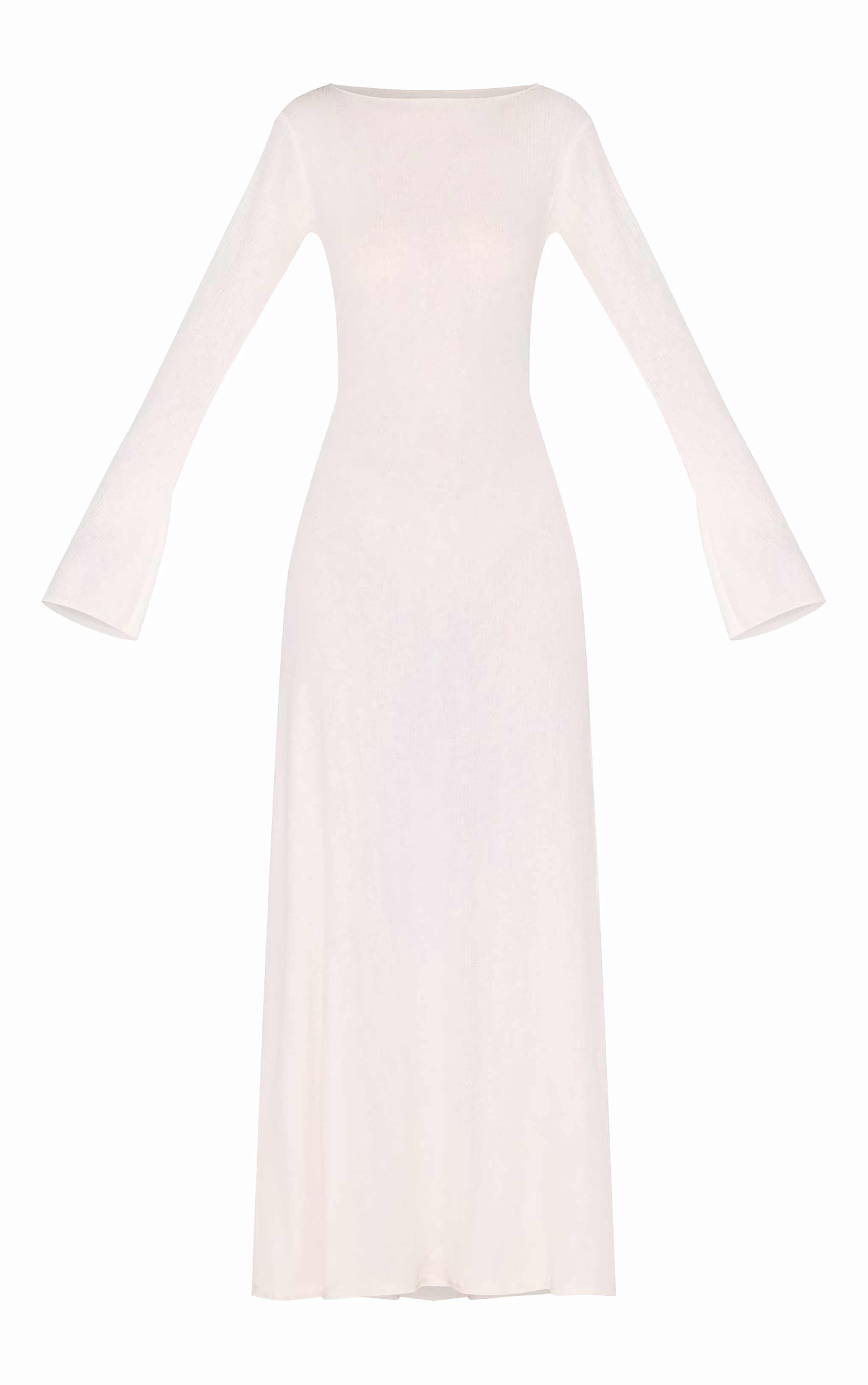 White Textured Boat Neck Long Sleeve Bodycon Maxi Dress