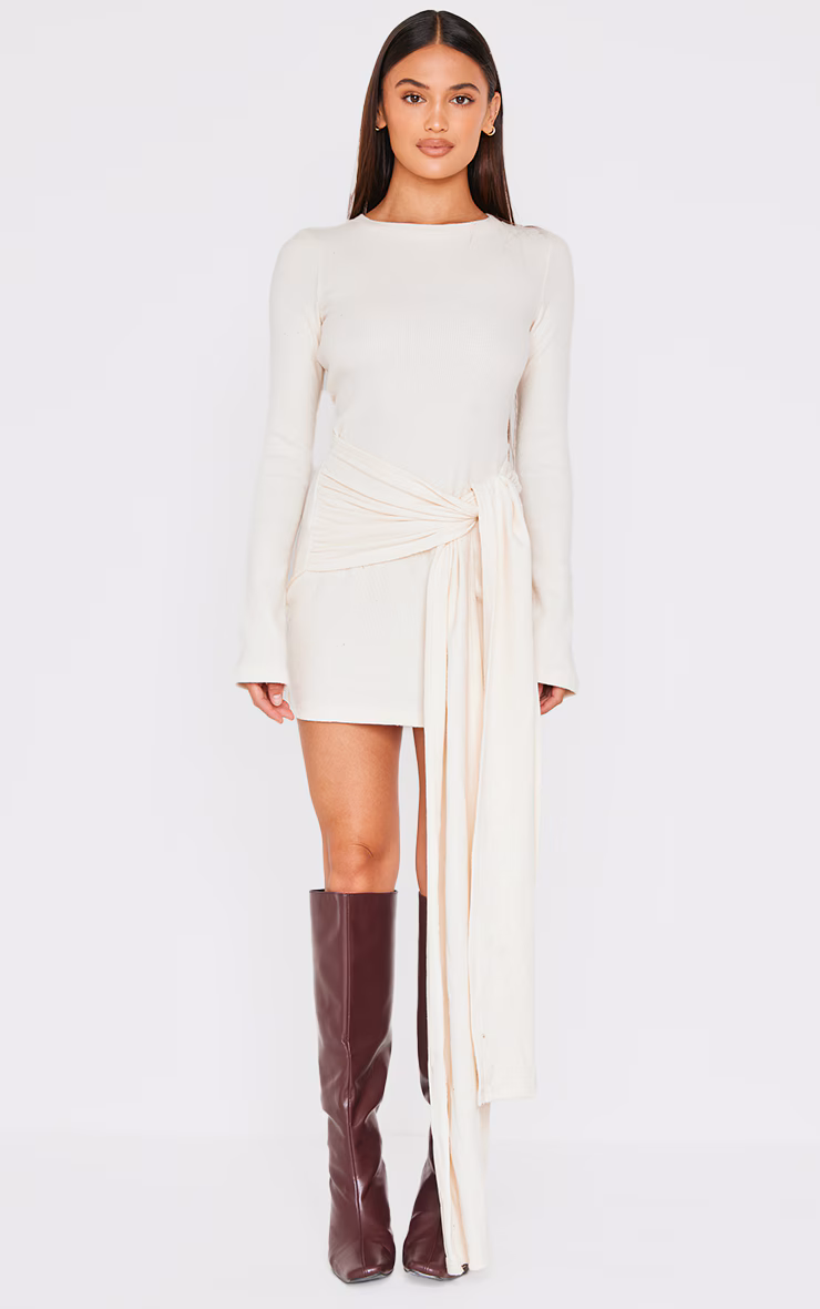 Cream Heavy Brushed Rib Boat Neck Wrap Tie Bodycon Dress