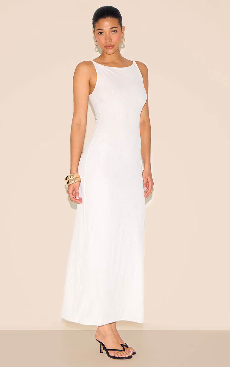 White Textured Twist Shoulders Maxi Dress