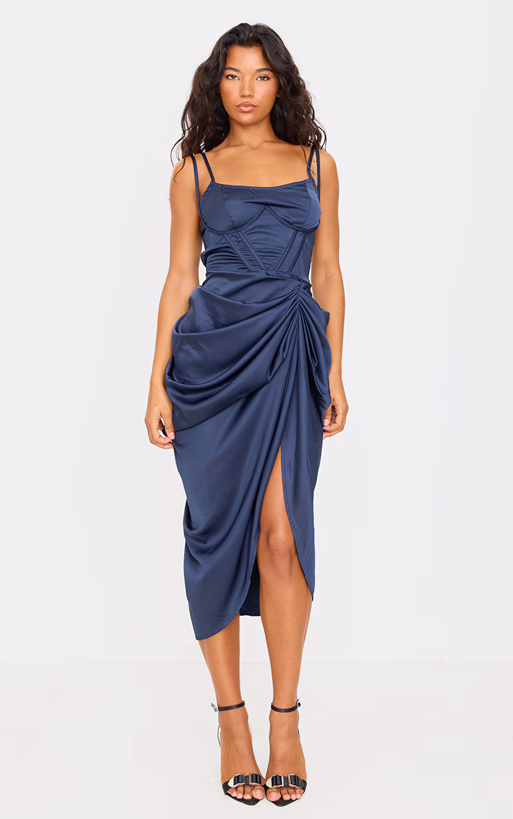 Navy Satin Underwired Draped Skirt Midi Dress
