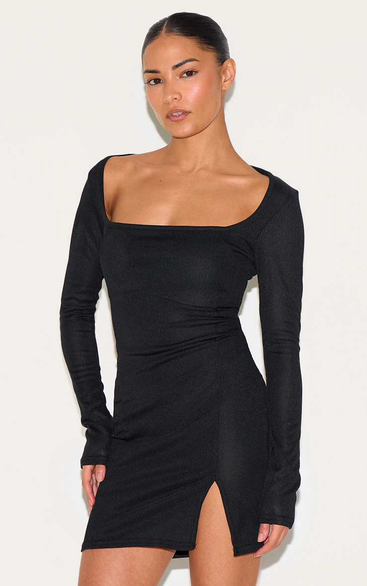Petite Black Ribbed Long Sleeve Split Dress