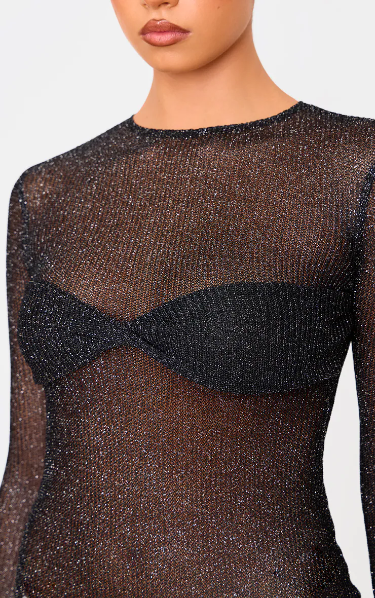 Black Metallic Ribbed Twist Bust Long Sleeve Mini Dress