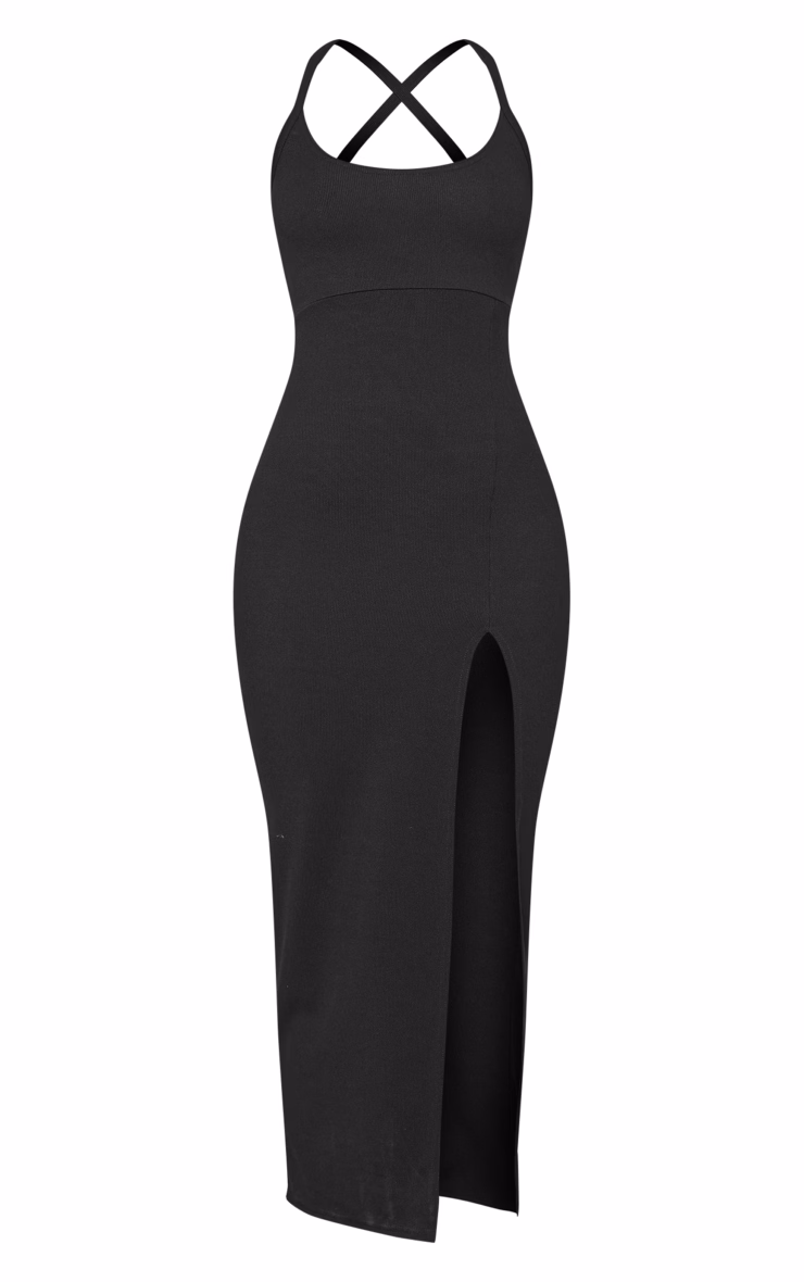 Black Soft Rib Cut Out Tie Back Midaxi Dress