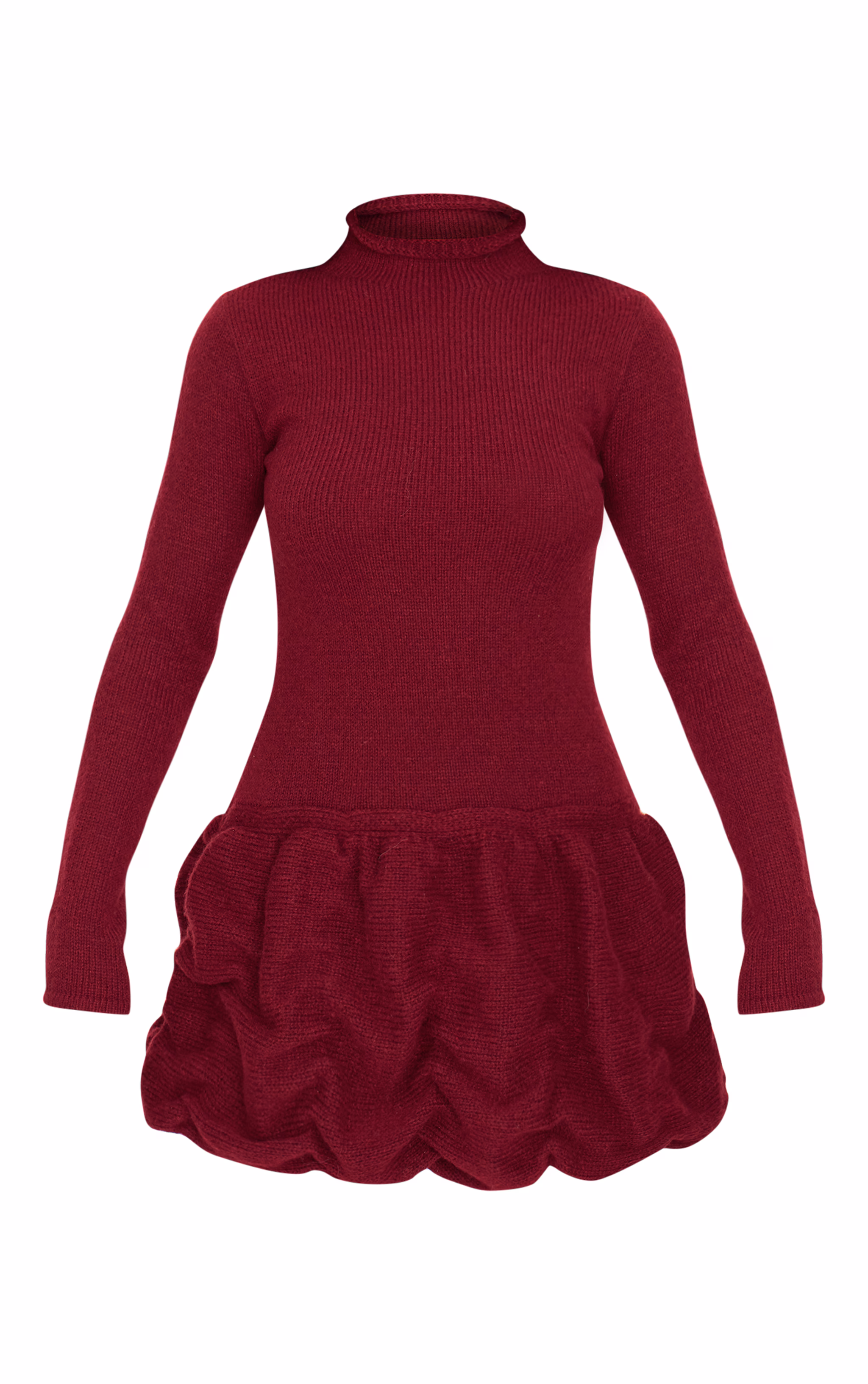 Burgundy High Neck Knitted Puffball Mini Dress