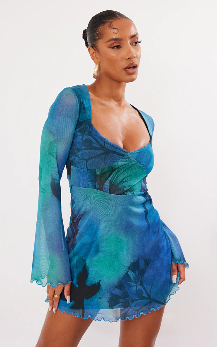 Blue Blur Floral Print Mesh Underbust Detail Shift Dress