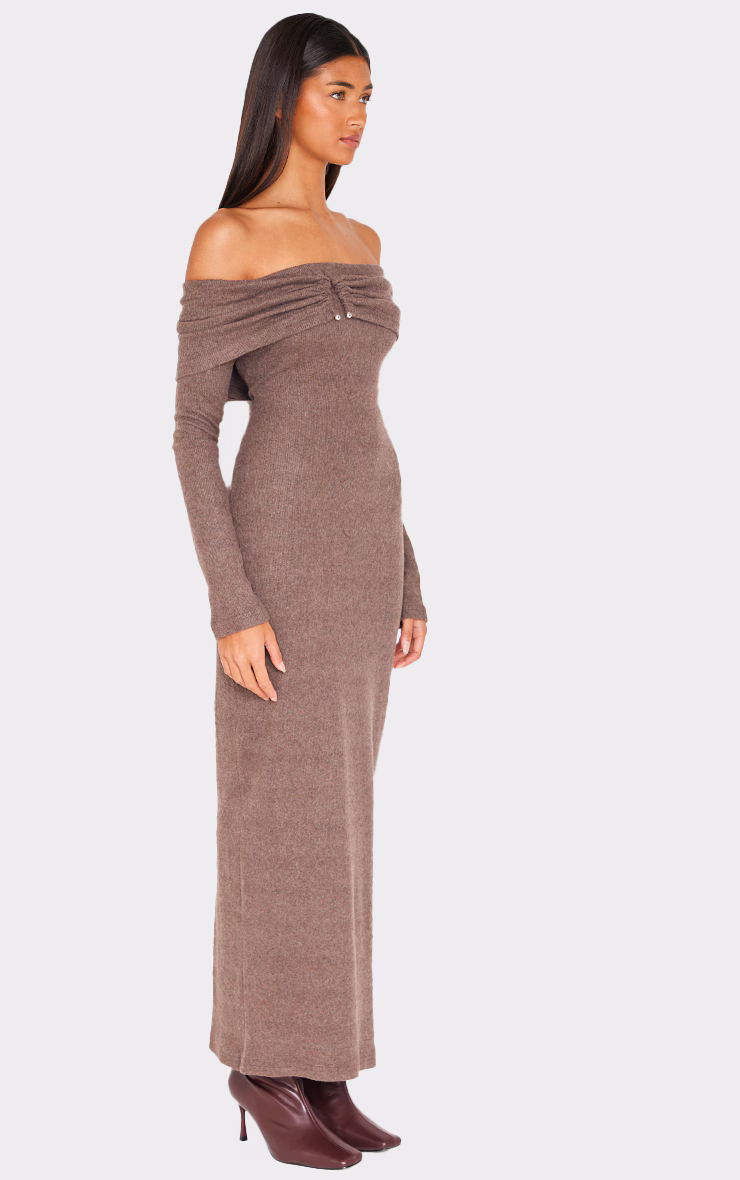 Chocolate Heavy Brushed Rib Bardot Trim Maxi Dress