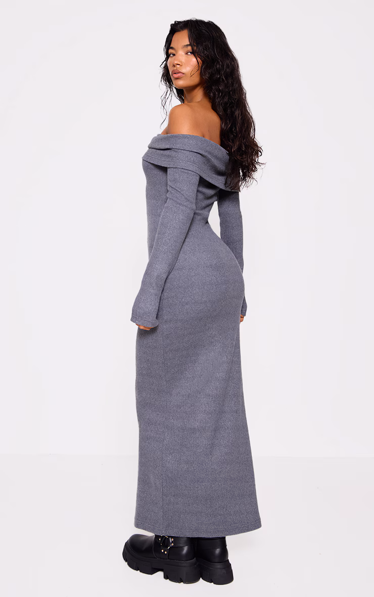 Charcoal Heavy Brushed Rib Bardot Trim Maxi Dress