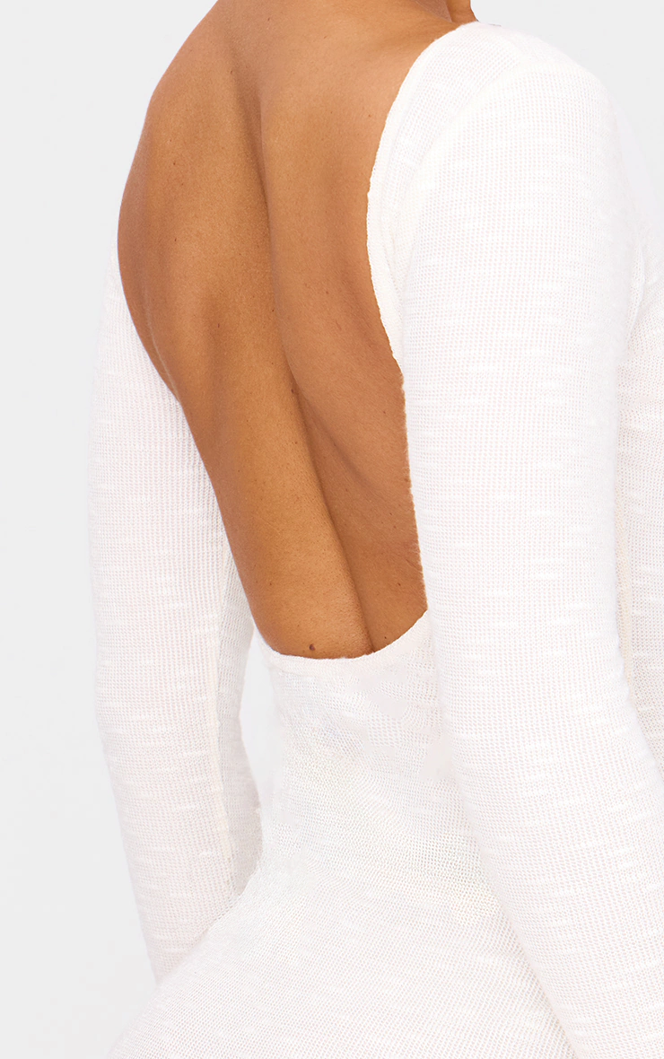 Cream Textured Scoop Back Long Sleeve Bodycon Dress