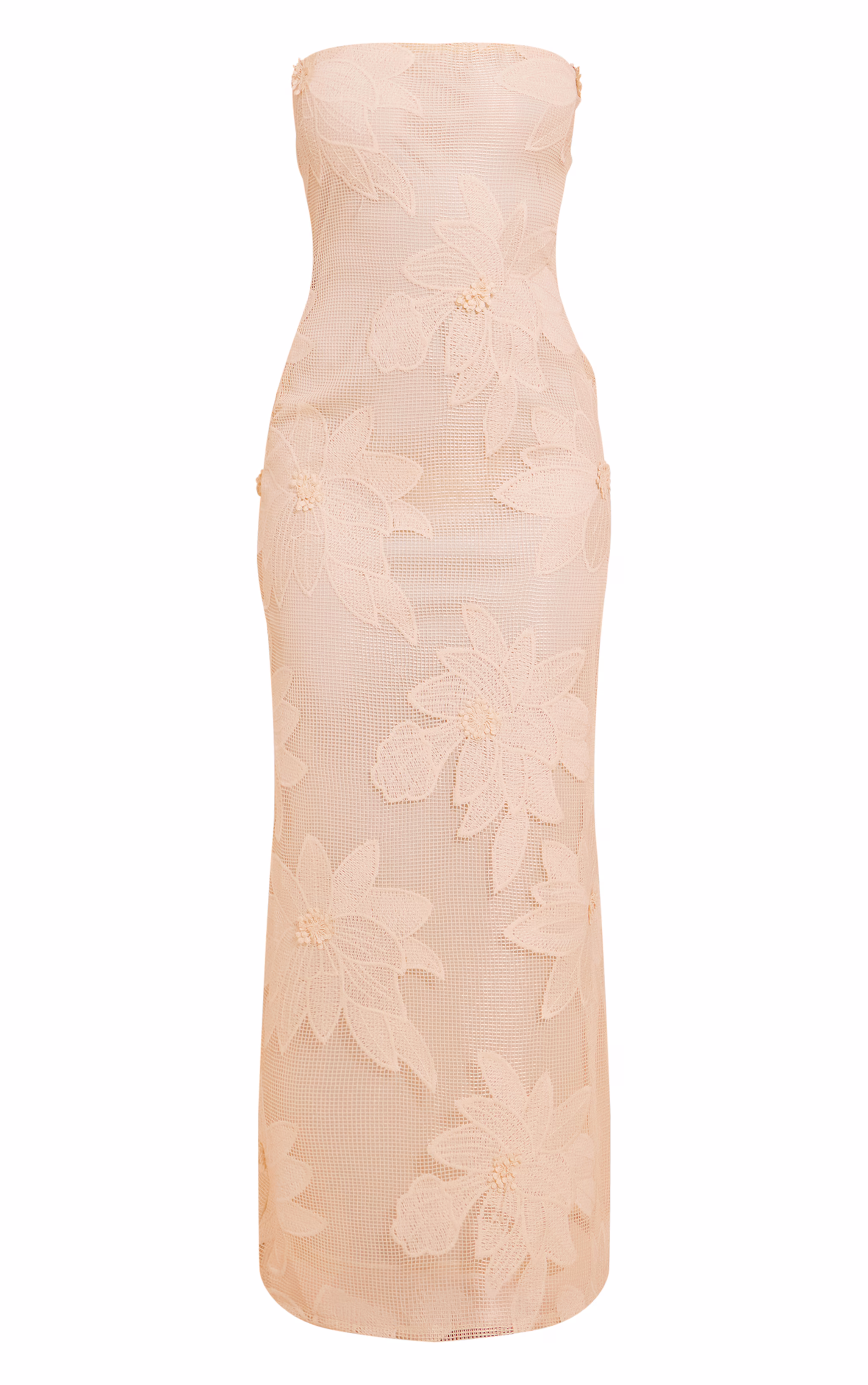 Natural Floral Embroidered Textured Bandeau Maxi Dress