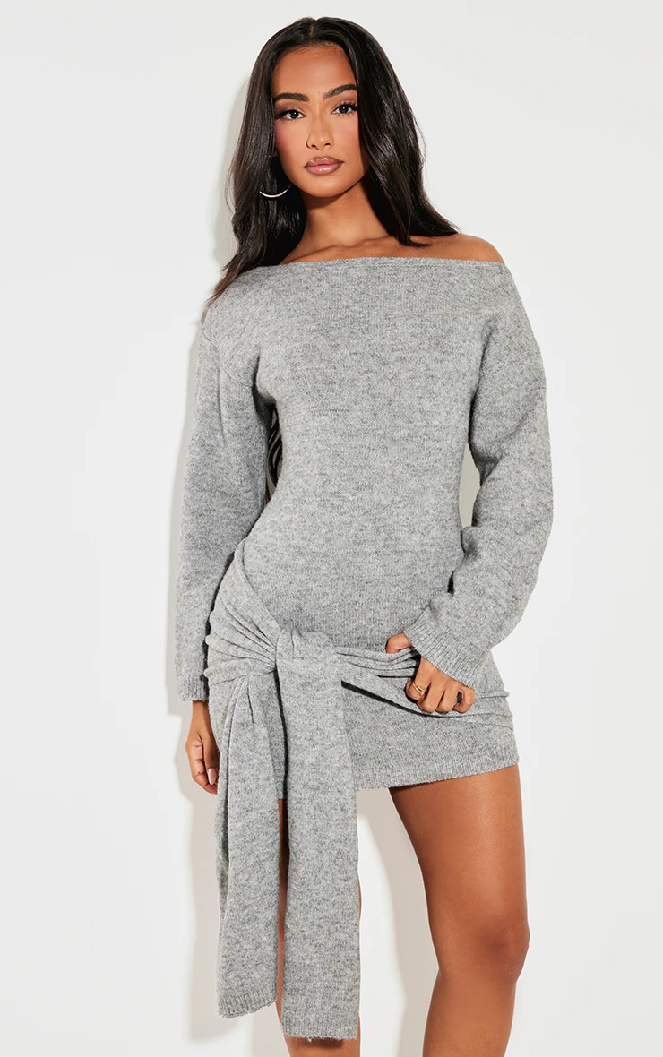 Petite Grey Knit Slouchy Mini Dress With Tie Wrap Around