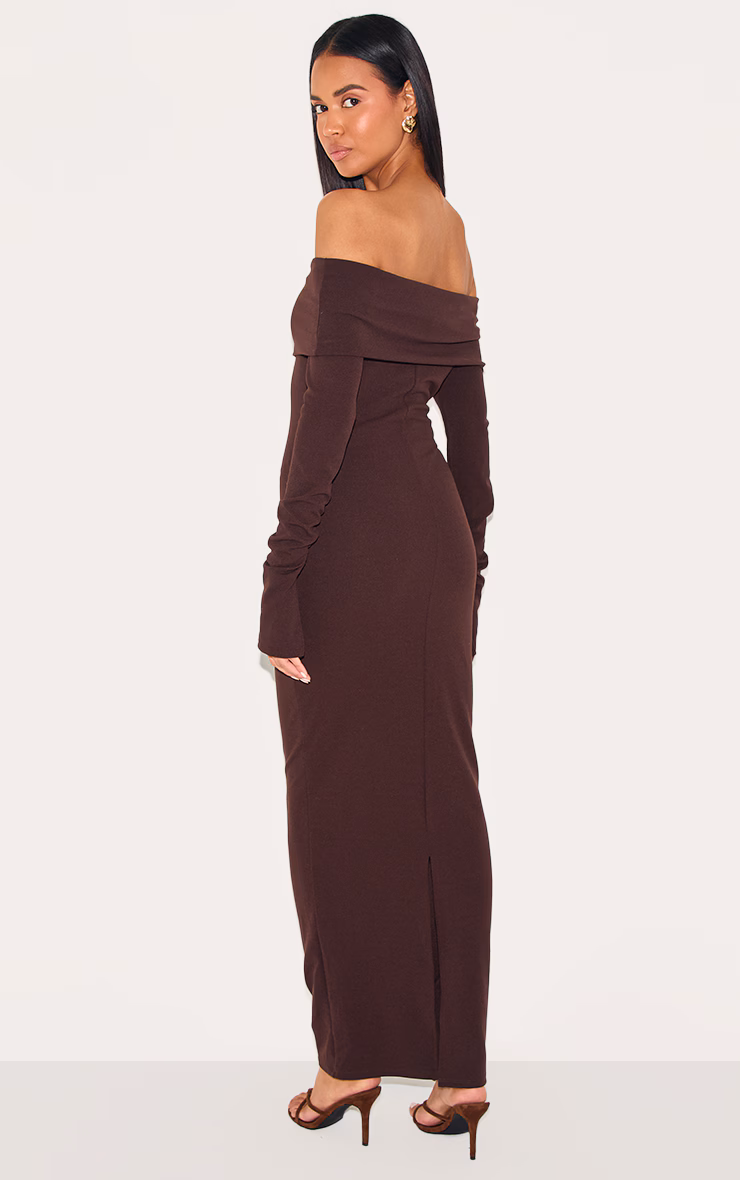 Chocolate Crepe Long Sleeve Bardot Maxi Dress