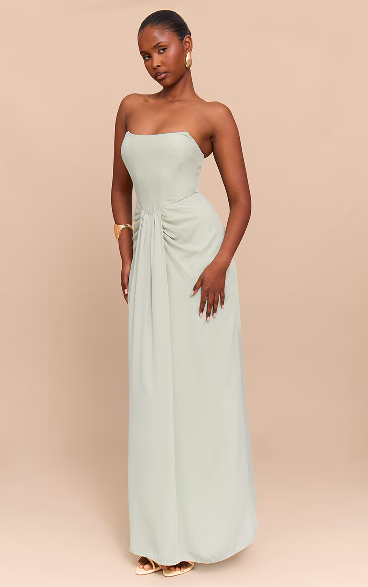 Sage Green Bandeau Corset Drape Detail Maxi Dress