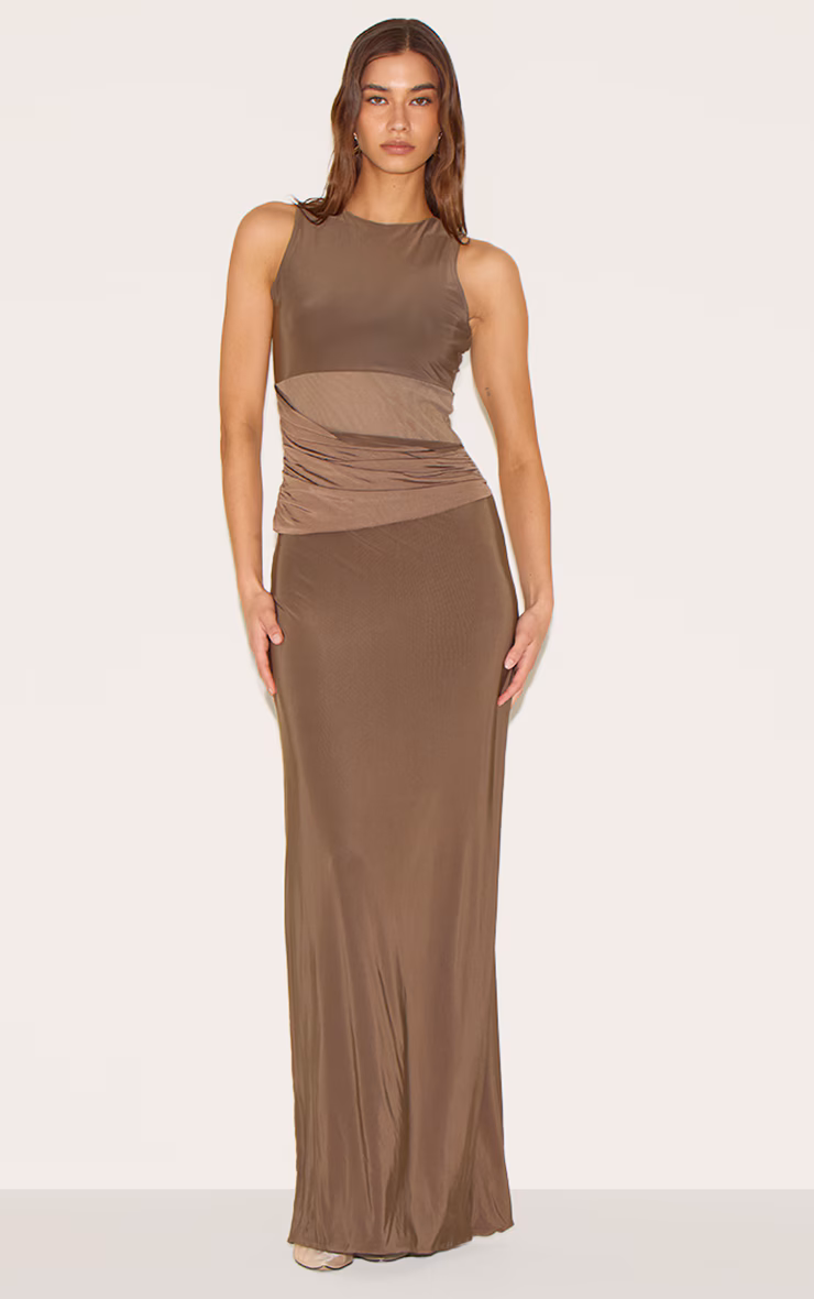 Mushroom Slinky Mesh Cut Out Maxi Dress