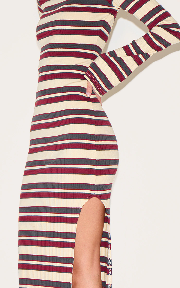 Burgundy Striped Boat Neck Long Sleeve Bodycon Dress