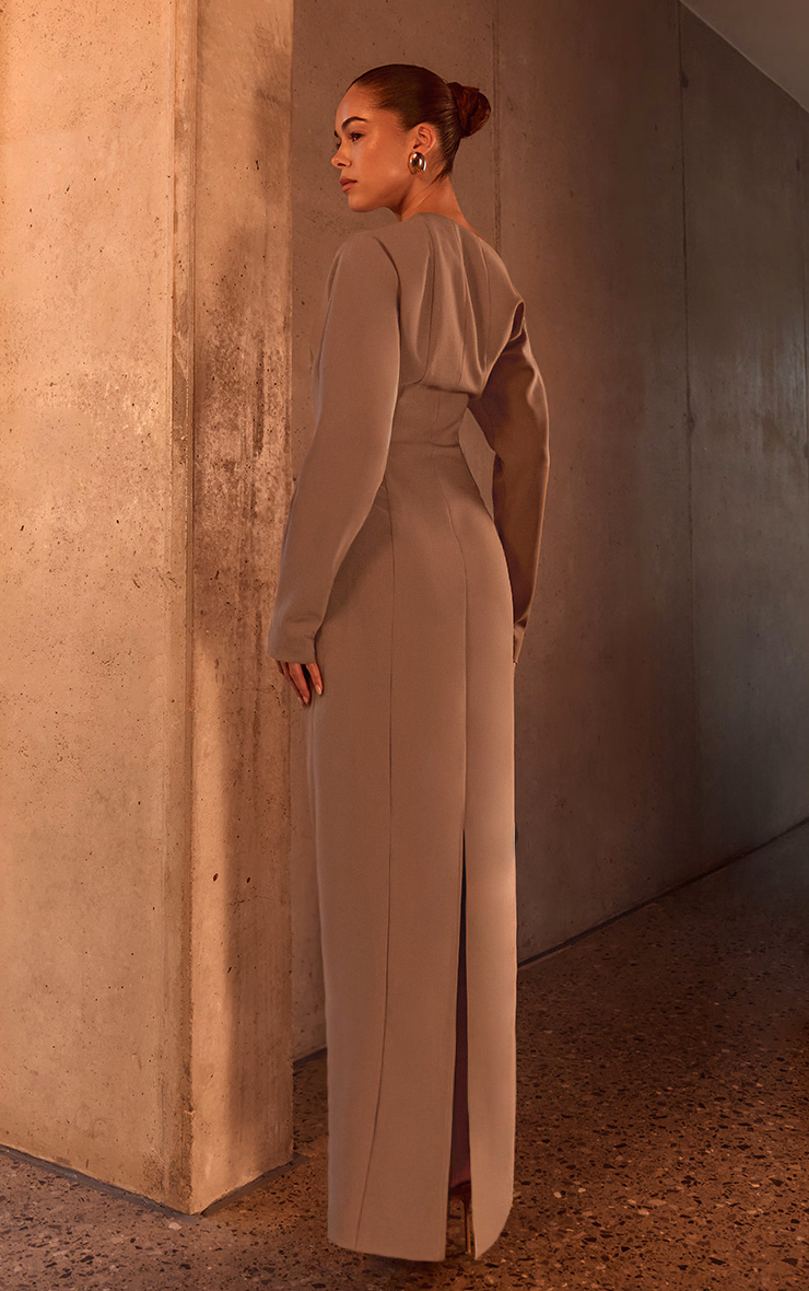 PLT Label Taupe Asymmetric Batwing Sleeved Cinched Waist Maxi Dress