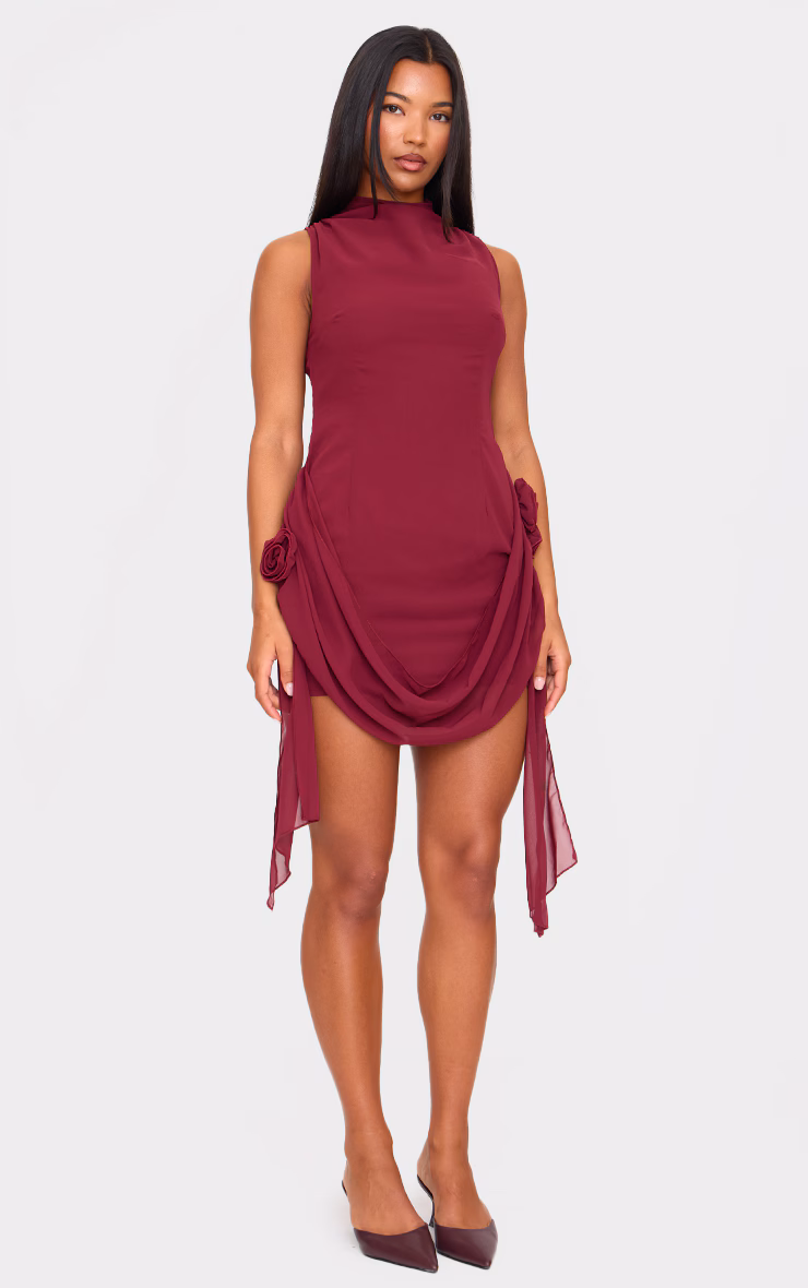 Burgundy Chiffon Boat Neck Drape Detail Mini Dress
