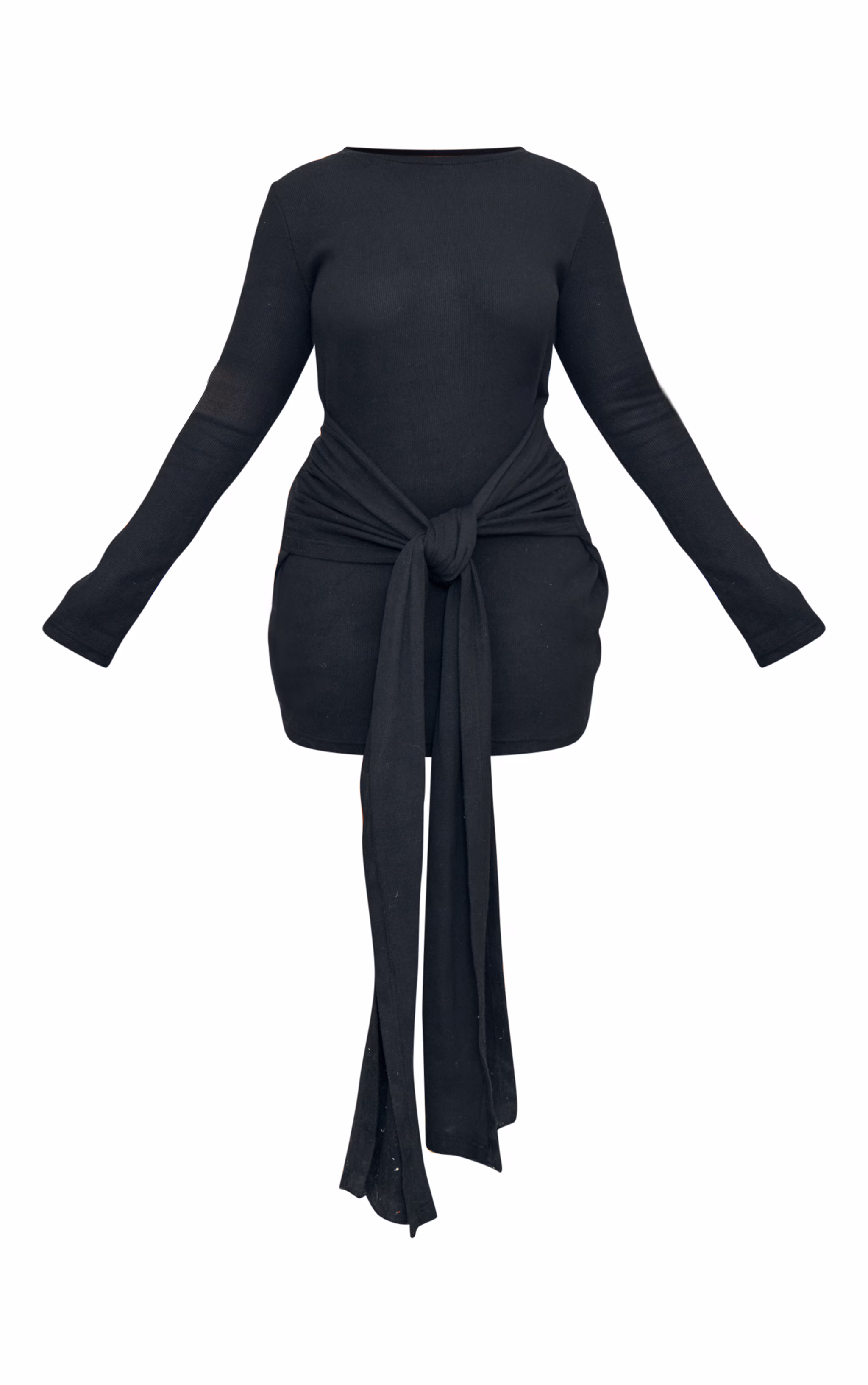 Plus Black Heavy Brushed Rib Wrap Tie Bodycon Dress