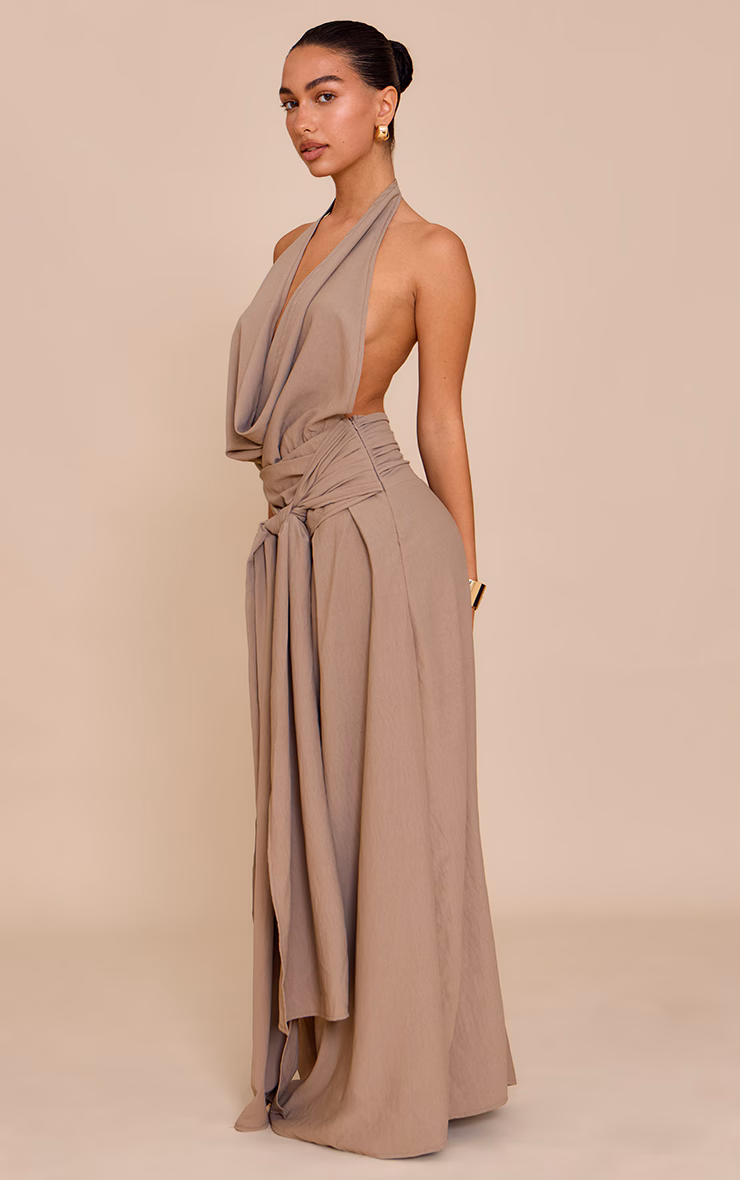 Mushroom Floaty Woven Cowl Neck Low Back Maxi Dress