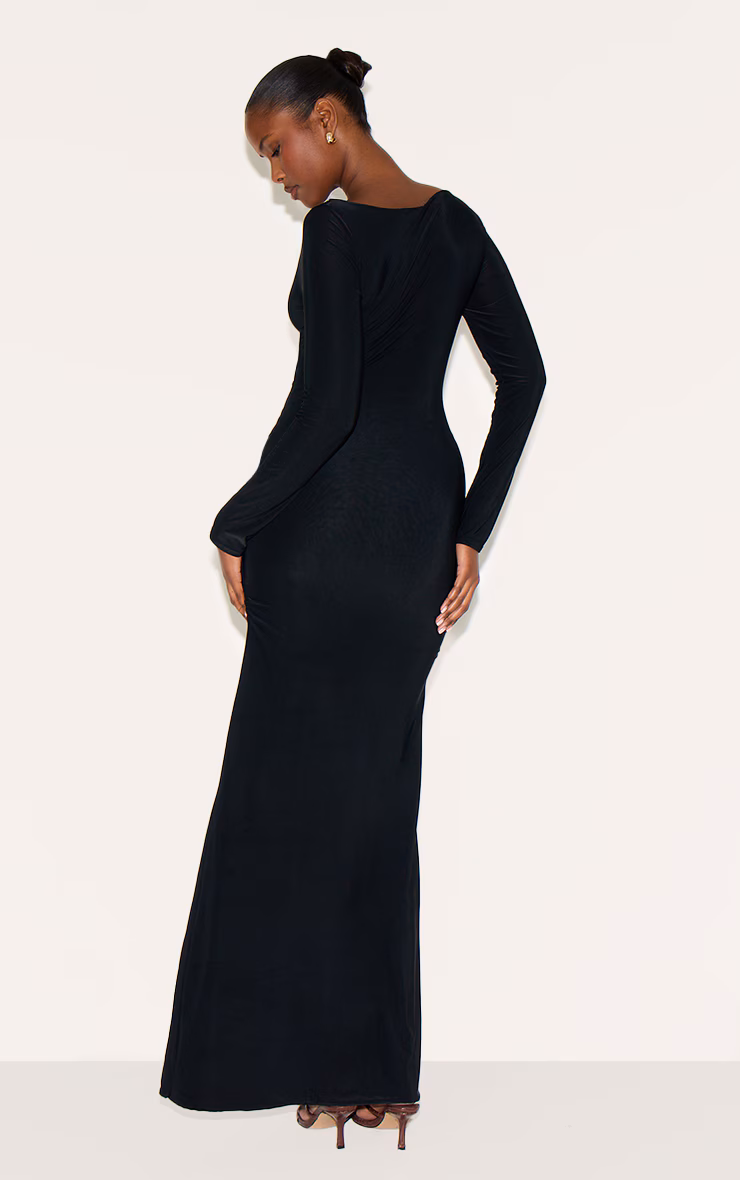 Black Double Layer Slinky Drop Waist Knot Detail Maxi Dress