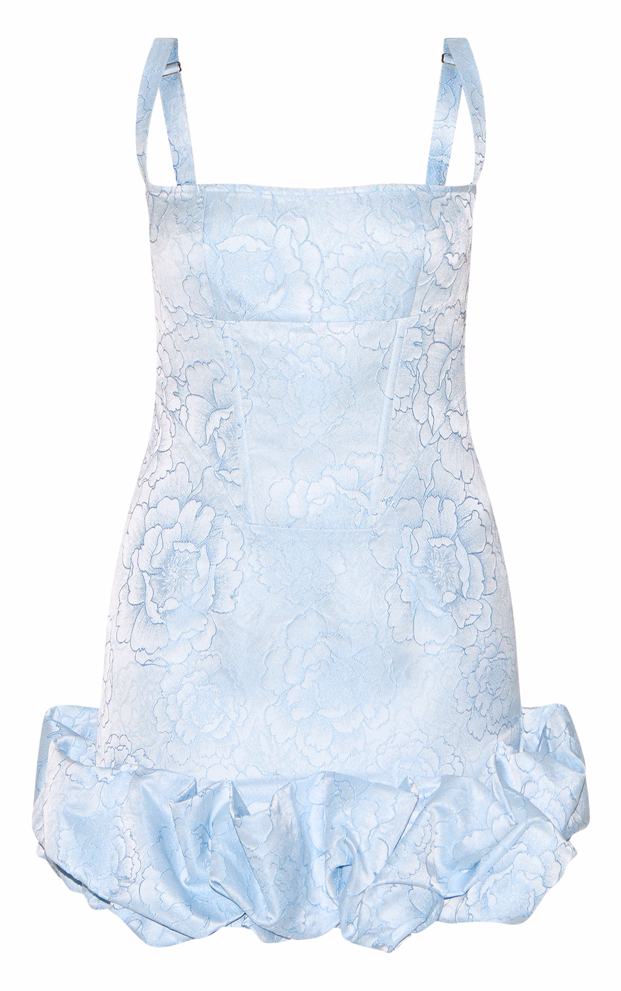 Baby Blue Jacquard Puff Ball Hem Mini Dress