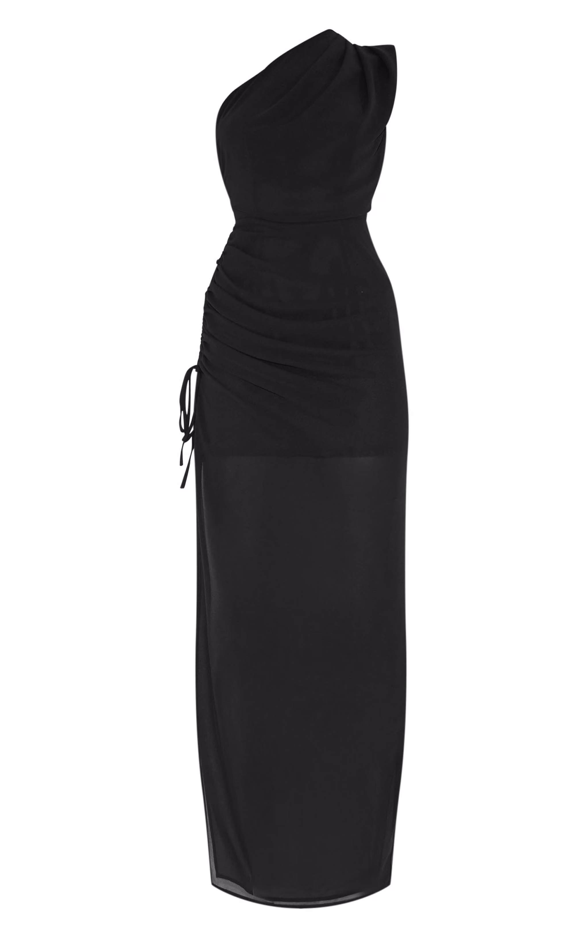 Black Chiffon One Shoulder Ruched Maxi Dress