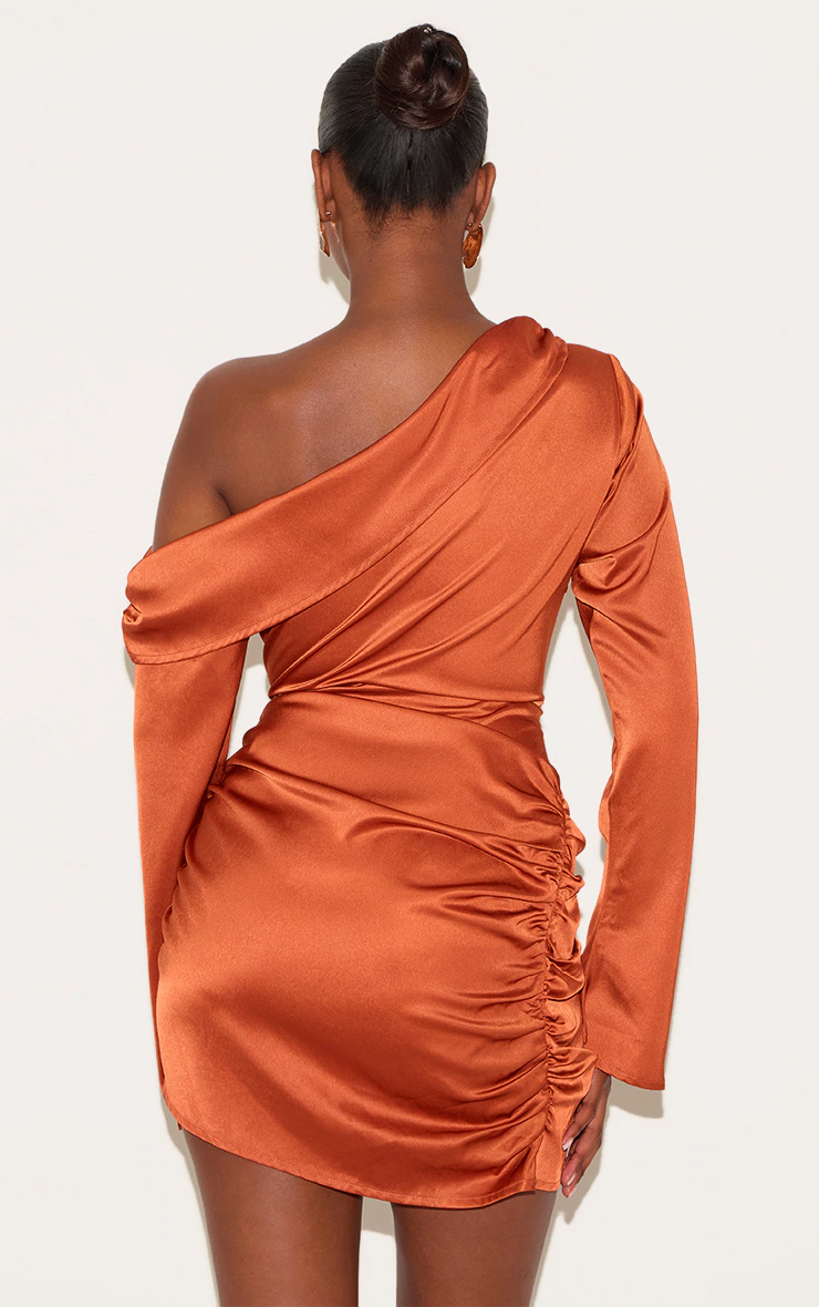 Burnt Orange Satin One Shoulder Drape Bodycon Dress