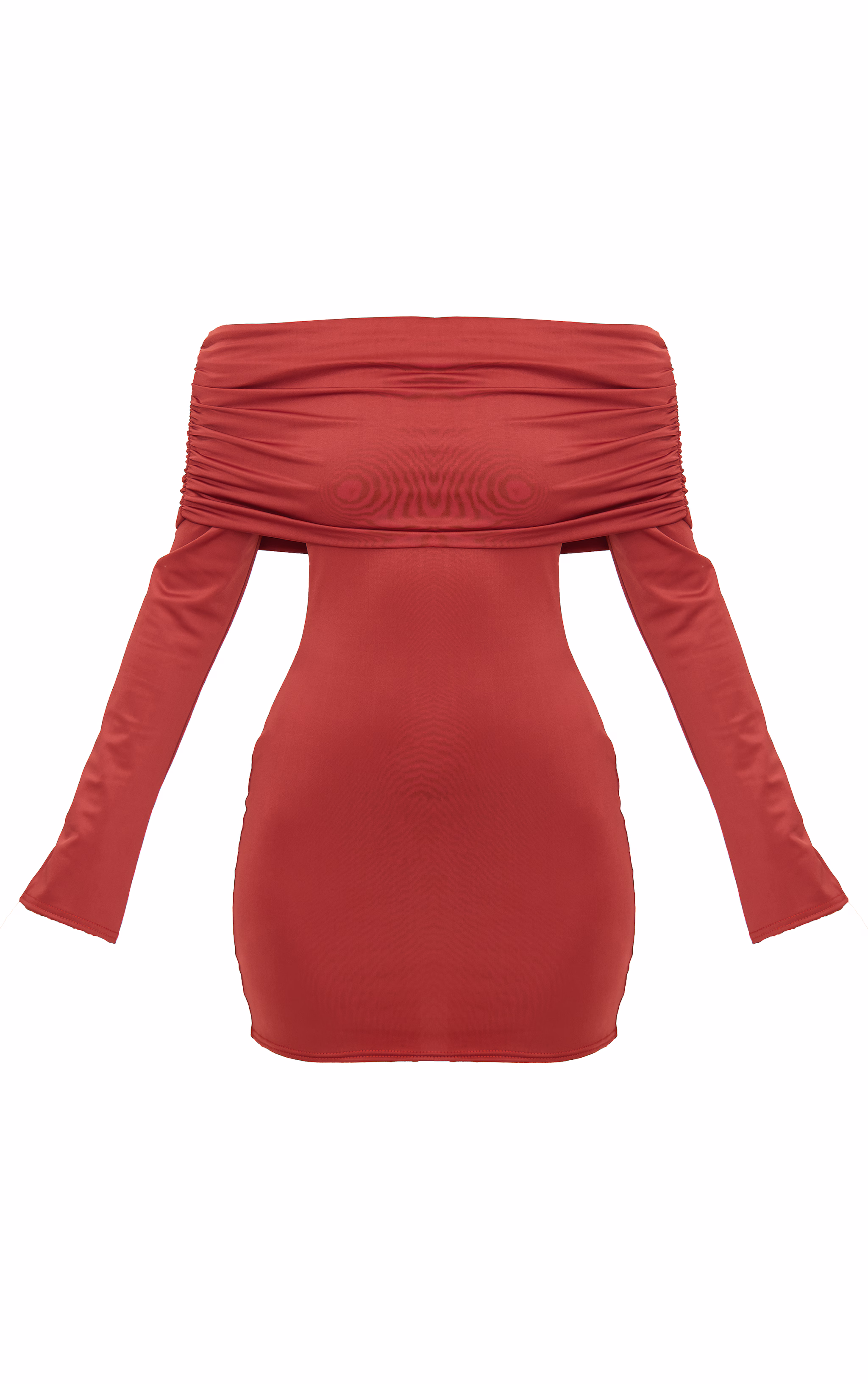 Burgundy Matte Sculpt Double Layer Foldover Bardot Long Sleeve Mini Dress