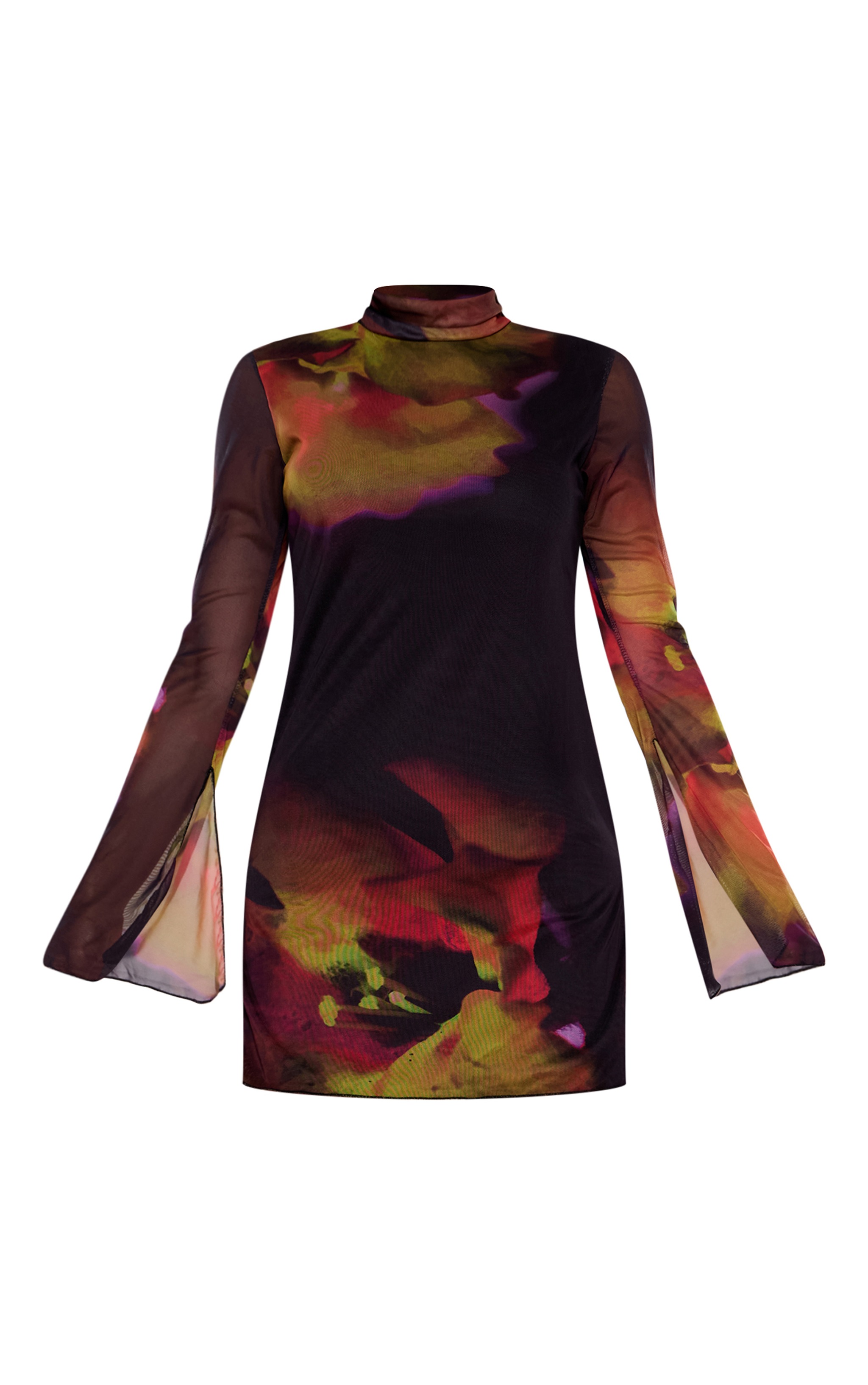 Black Abstract Print High Neck Flared Sleeve Shift Dress