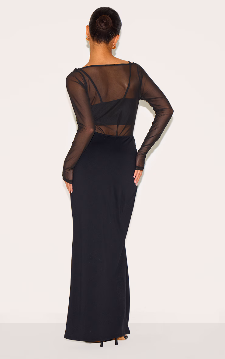 Petite Black Slinky Long Sleeve Maxi Dress With Mesh Details