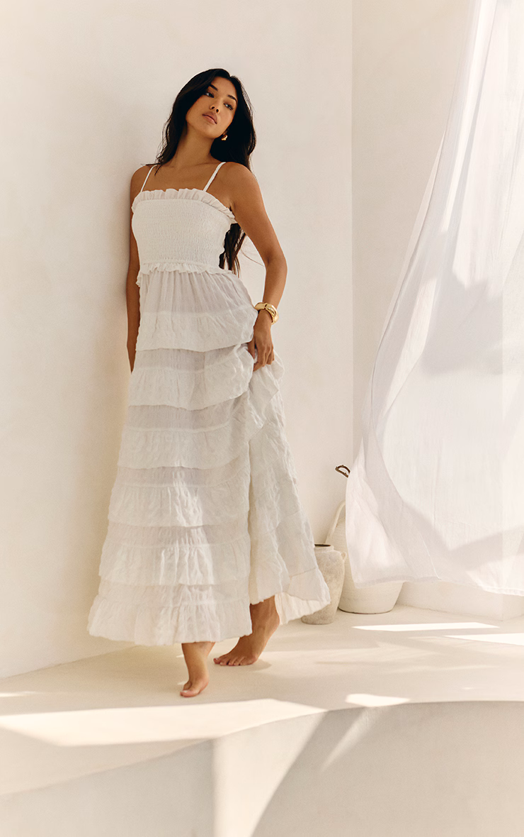 White Textured Shirred Tiered Maxi Dress