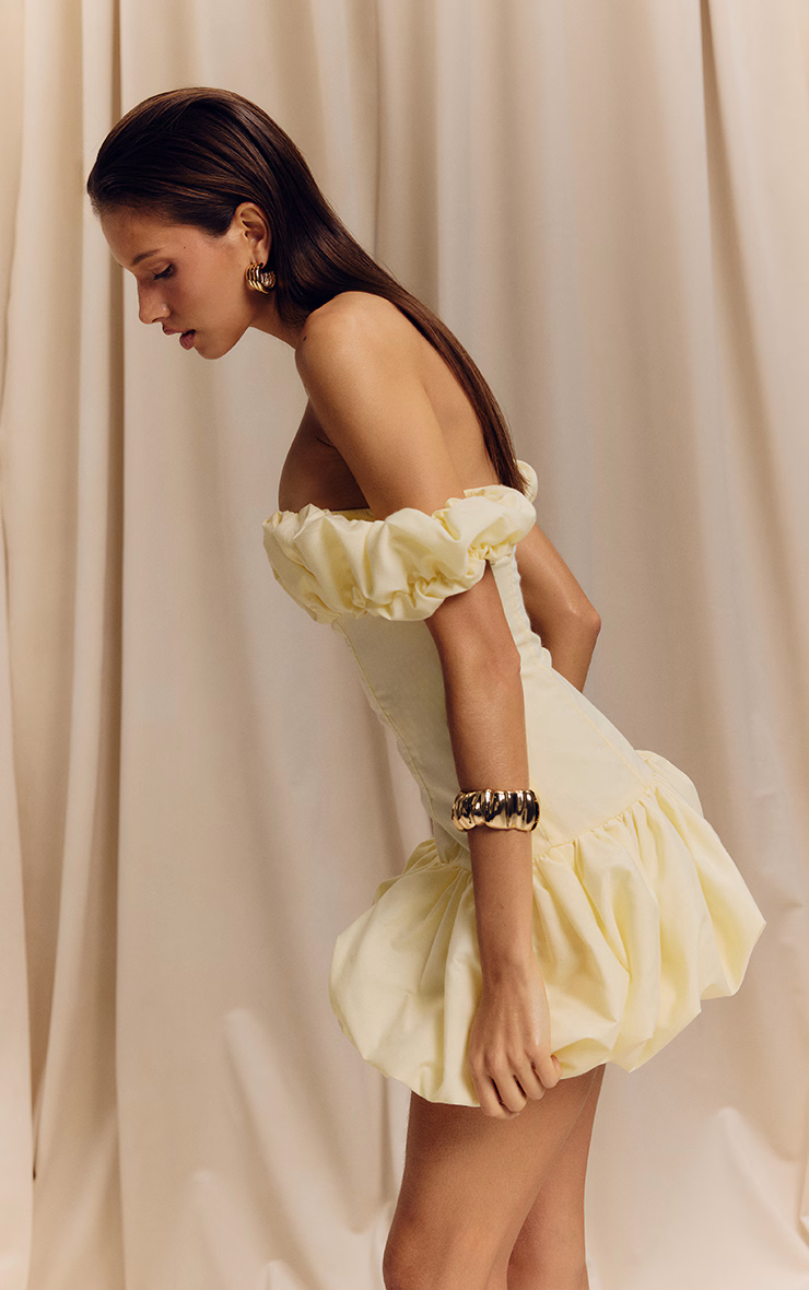 Lemon Ruched Bardot Puff Hem Bodycon Dress