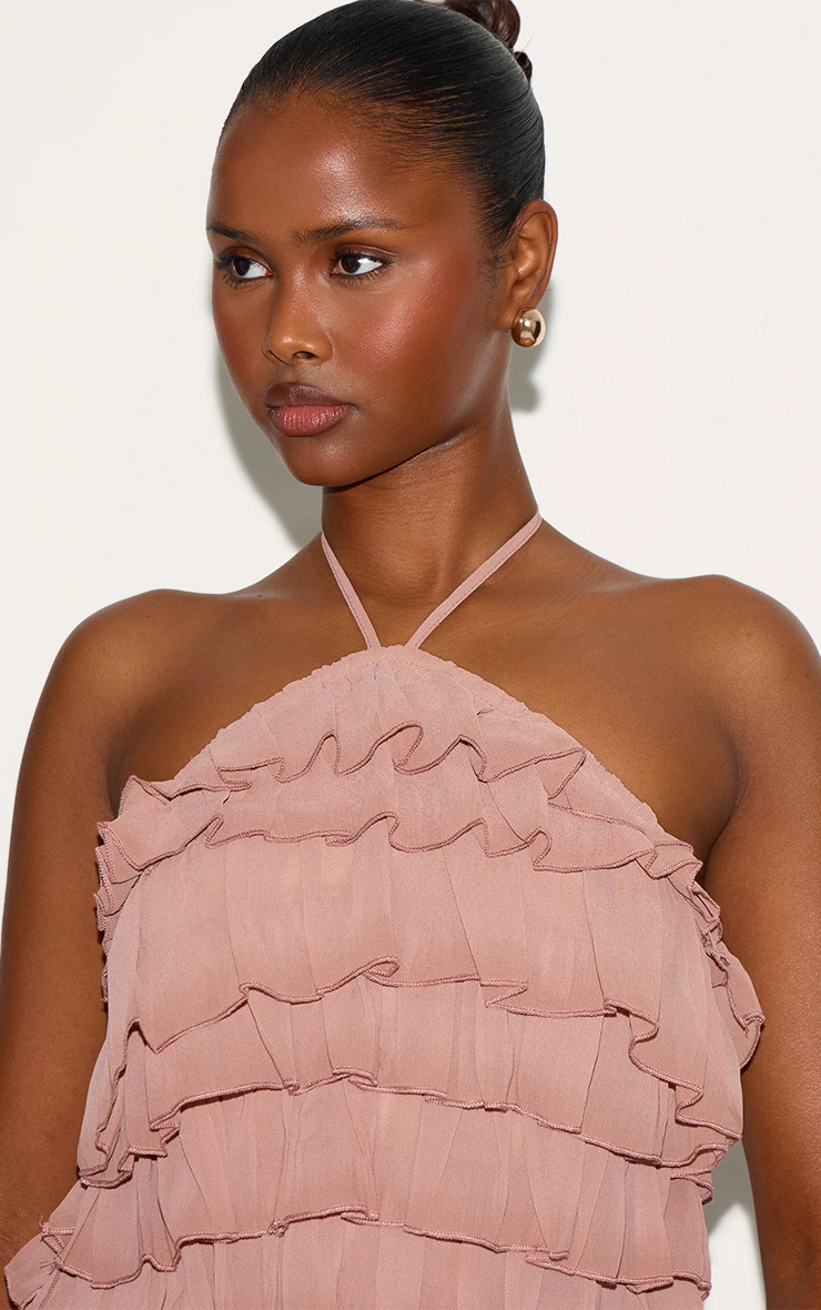 Dusty Peach Extreme Ruffle Halterneck Shift Dress