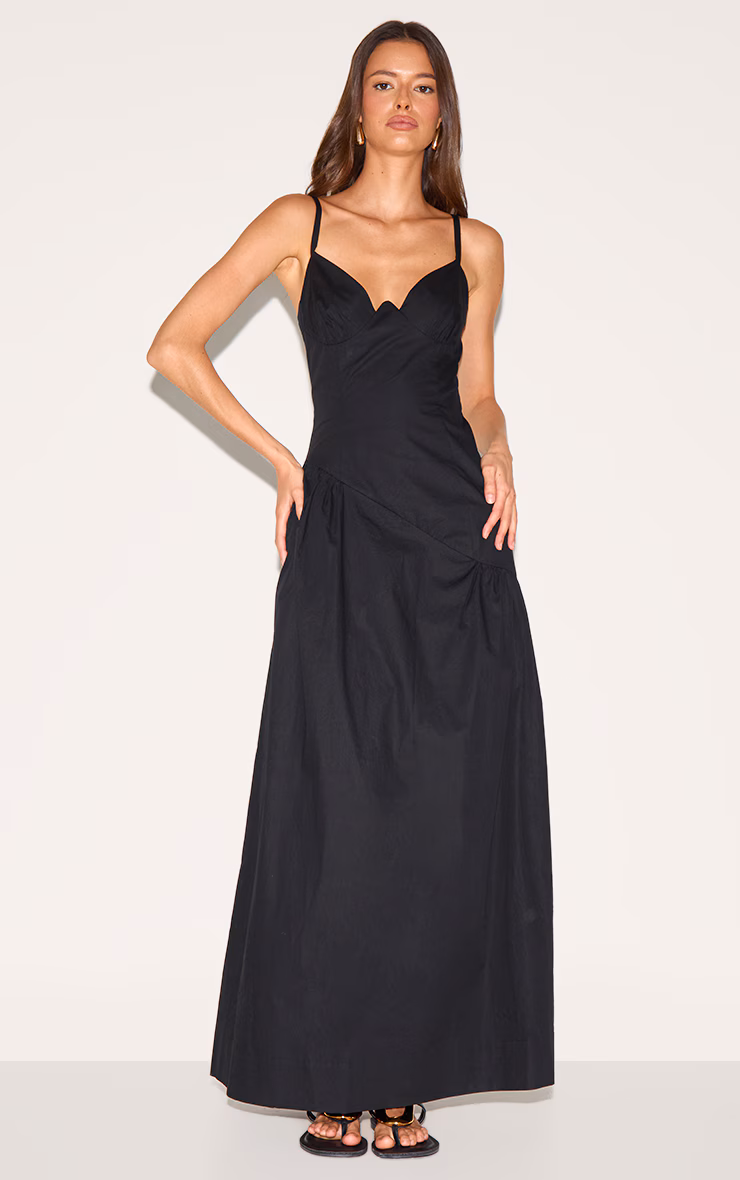 Black Plunge Asymmetric Detail Maxi Dress