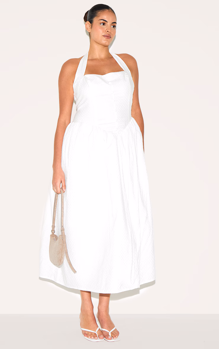 Plus White Embroidered Cotton Halterneck Midaxi Dress