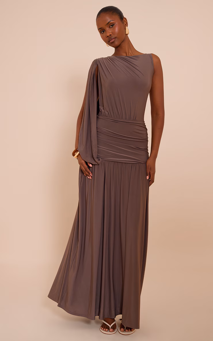 Mushroom Double Layer Slinky Ruched One Shoulder Maxi Dress