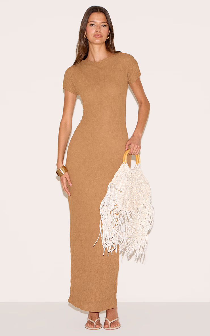 Taupe Textured Cap Sleeve Maxi Dress