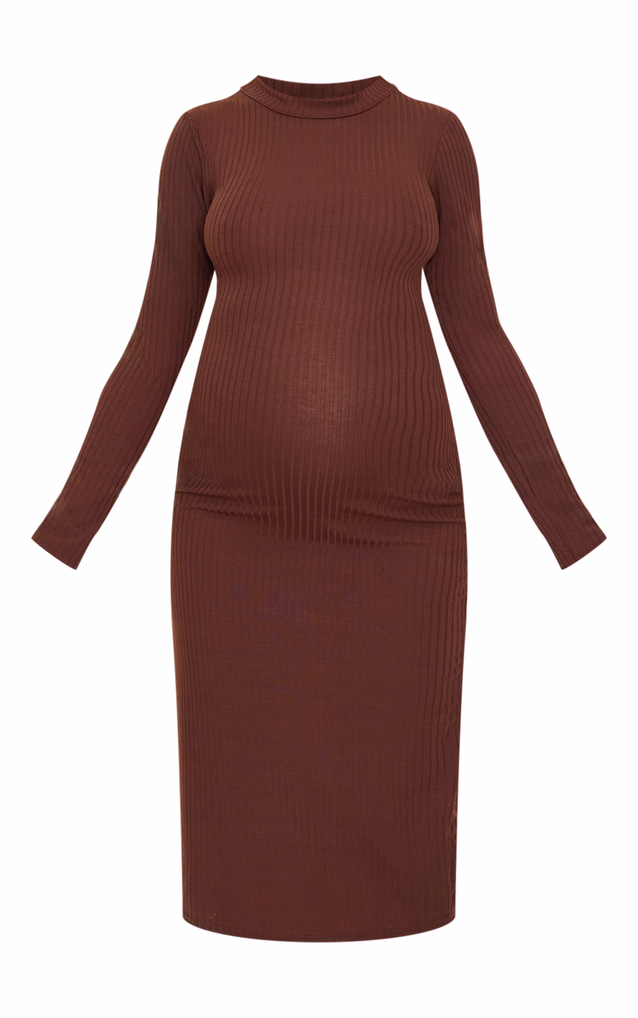 Maternity Dark Chocolate Ribbed Long Sleeve Midi Dress